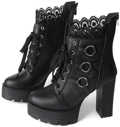 FOREADA Black High Heel Boots For Women Goth Platform Combat Booties Lace Up Chunky Heeled Ankle Boot with Zipper