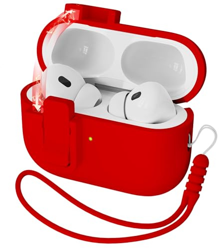 MHYALUDO Compatible with AirPods Pro 2nd Generation Case Cover, Liquid Silicone Rubber Auto Pop-Up Military Grade Anti-Fall Soft Silicone Compatible with AirPods Pro, Front LED Visible, Red