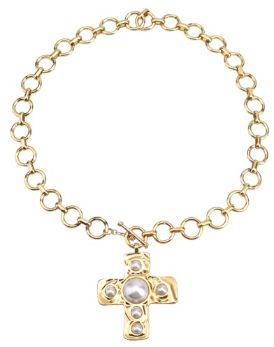 Mikovivi Collar de Cruz Martillada, Collar de Cruz Gruesa con Declaración Dorada Collares Gruesos Martillados Regalos Joyería Collares Cadena Vintage para Mujeres