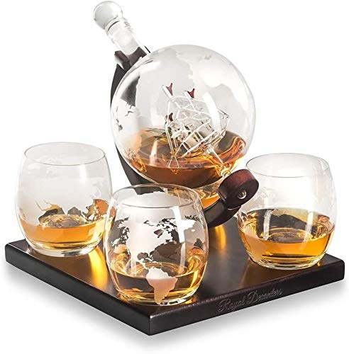 Générique Ensemble De Carafe à Whisky, Verre Soufflé à La Main sans Plomb, Motif De Gravure De Globe, Plateau à Poignée en Bois, Coffret Cadeau Spiritueux