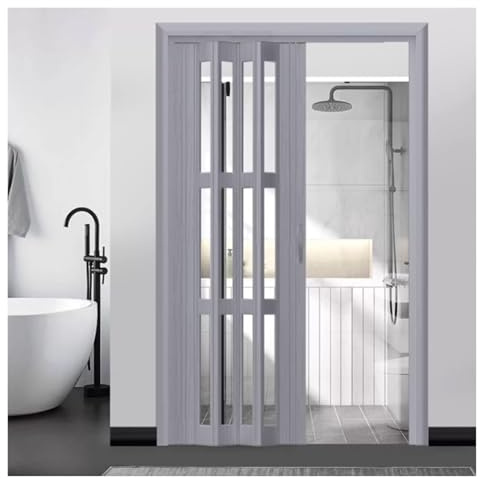Falttüren Falttür Für Bad/Wohnzimmer/Balkon, Falttüren Innen PVC Kunststoff Innentüren B 60 90 120 150 180 210 240 270 300 Cm, Grau Schwarz Raumteiler(Grey,235x215cm)