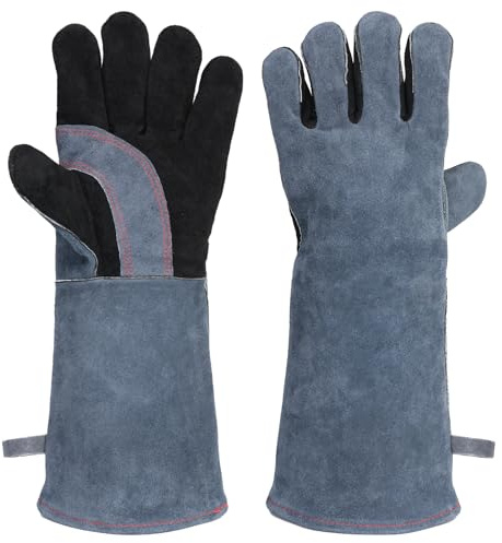 AMFUN 35CM Guantes de Barbacoa de Cuero, 300℃/572℉ Guante De Barbacoas Resistentes al Calor, Guantes Barbacoa para Ignífugos, Soldadura, Chimenea, Horno, Cocina, Estufa (Gris Oscuro)