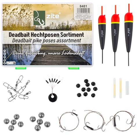 Zite Fishing Deadbait Hechtposen Set | Durchlaufposen 20–30 g | Fertige Doppel-Drilling Montagen auf Stahlvorfach | Kugelbleie Stopper Perlen Knicklichter | Komplettes Köderfisch-System