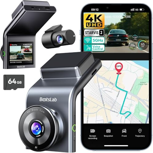 BOTSLAB 4K Dual Dash Cam Front and Rear, STARVIS 2 Sensor, Built-in GPS, Voice Control, 24/7 Parking Mode, 5GHz WiFi Dash Camera for Cars, WDR Night Vision, 64GB Card Included
