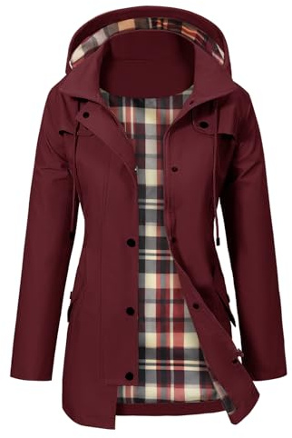 PASUDA Giacca Impermeabile Donna Giacca Trench Pioggia con Cappuccio Parka Lungo Giacca a Vento Traspirante Leggero Antipioggia Antivento All'aperto (Bordeaux, L)
