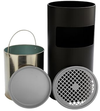 VIALIA Standaschenbecher für draußen, 2-in-1 Mülleimer mit Aschenbecher | 60x25x3,5 cm Schwarz Edelstahl, Wetterfest & Robust, Herausnehmbarer Inneneimer, Gitteraufsatz für Terrasse Büro & Gastro