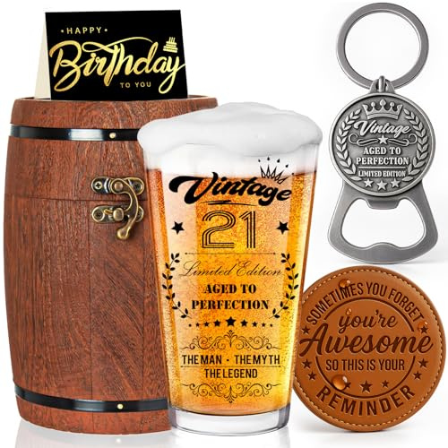 Joybble Gifts for Men, 21st Birthday Decorations for Boys with Birthday Cards, 21st Beer Glass in Vintage Box, Christmas Personalised Gifts Beer Glasses Gift Ideas, 21st Boys Gifts for Him