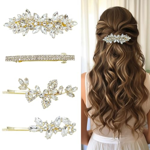 Dermalyx 4 Piezas De Horquillas Con Cristales, Clips Para El Cabello En Forma De Hoja Dorada, Horquillas De Cristal Para Bodas, Accesorios Plateados Para Novia, Prendedor