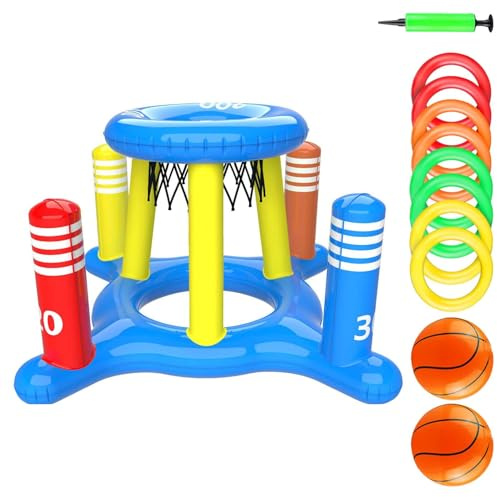 Pallone da basket gonfiabile per piscina – Set di cerchi galleggianti multifunzionali, scopo in PVC colorato con giocattolo di lancio incrociato, otto anelli di colore, pompa portatile a due palle |