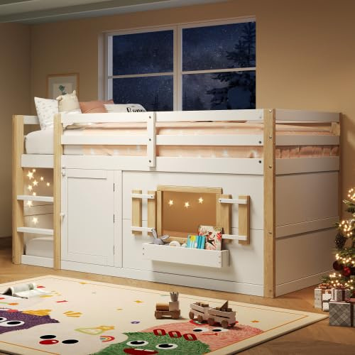 Merax Kinderhochbett (90 x 200 cm), Etagenbett mit Leiter und multifunktionalem Spielbereich, Weiß, ohne Matratze, aus Massivholz und MDF