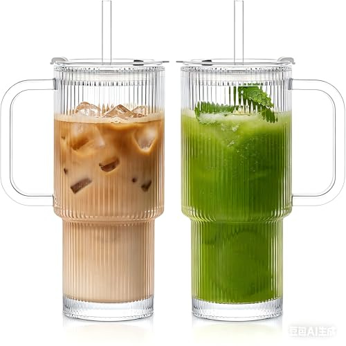 Hyesrtey 2 Vasos 500ml con Tapa y Pajita Vidrio Acanalado con Asa | Vidrio Grueso, Para Bebidas Calientes y Frías, Café Helado, Matcha, Latte, Zumos