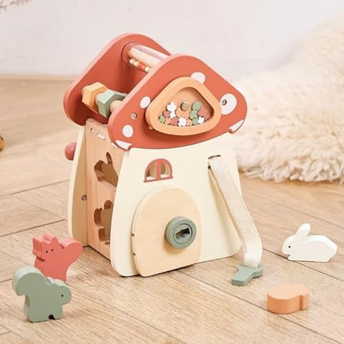 Jessruly Cubo de Actividades de Madera Clasificador de Formas Montessori y Juguete del Arca de Noé, Centro de Aprendizaje Musical Multisensorial con Perillas de Hongo y Elementos de Percusión