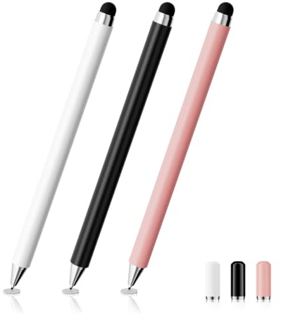 MEKO 3Pack Stylus Pens for Touch Screens with Rubber/Disc Tips,Magnetic Cap | Universal High Precision Tablet Pen Compatible with iPad, iPhone, Android, Tablets, Phones, Switch (Black&White&Rose)