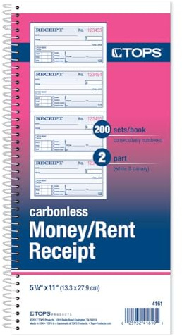 TOPS Money/Rent Receipt Book, 2-Part, Carbonless, 11 x 5.25 Inches, 4 Receipts/Page, 200 Sets per Book (4161) , White