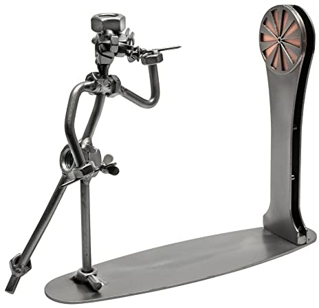 STEEMO Schraubenmännchen Figur: Darts Dart Darts-Spieler Geschenk Metall-Deko, Kunsthandwerk, Stahl, grau 14x6x18 cm