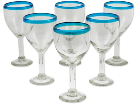 NOVICA Soplado Clear Blue Eco-Friendly copa de vino vasos, 8 oz 'Aquamarine Kiss' (juego de 6) azul claro