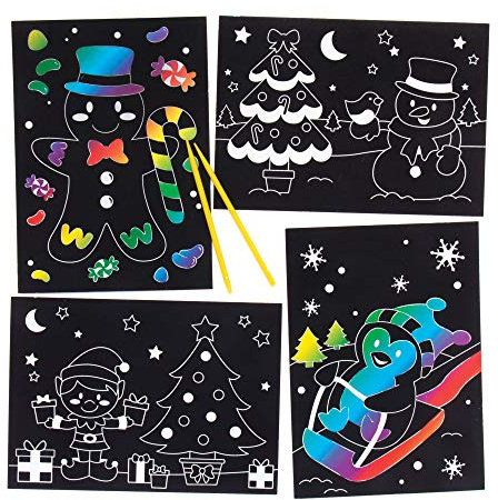 Baker Ross AR756 Christmas Scratch Art Decoration Kits (Pack of 8 Holiday Scenes) Fun Arts & Crafts Kids, Assorted