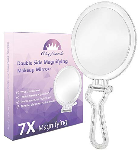 Cheftick Double Sided Hand Held Mirror - 1X & 7X Magnifying Handheld Makeup Mirror with Adjustable Folding Handle, Portable, Transparent & Round (6)