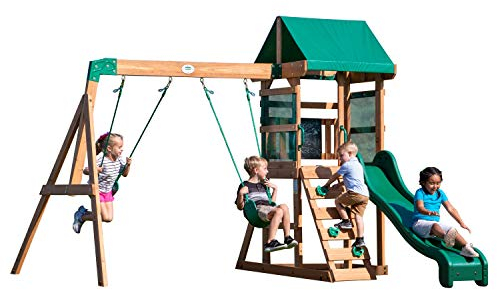 Backyard Discovery Buckley Hill Wooden Swing Set | Outdoor Playhouse for Kids, Garden Playground for Children, 2 Belt Swings, Climbing Frame, 6 Foot Slide, 100% Cedar Wood | For 3-6 Year Olds