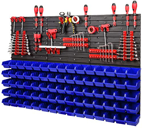 PAFEN Étagère murale XXL 1158 x 780 mm – Mur à outils extra solide avec boîtes empilables – 111 pièces – Porte-outils rouge + boîtes bleues