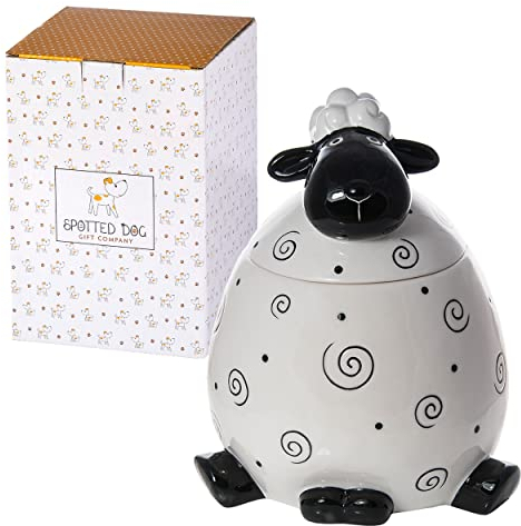 SPOTTED DOG GIFT COMPANY - Keksdose Keramik, Vorratsdose mit Deckel 2.2L, Schwarz und Weiß Schaf Küche Deko und Geschenk für Frauen Männer Tierlieberhaber