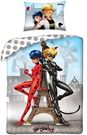 Theonoi Set 2 teilig Bettwäsche Bettbezug Wendebettwäsche 135x200 80x80 Baumwolle · Kinderbettwäsche für Mädchen und Jungen · Öko-Tex Standard 100 Deutsche Standardgröße Ladybug Cat Noir