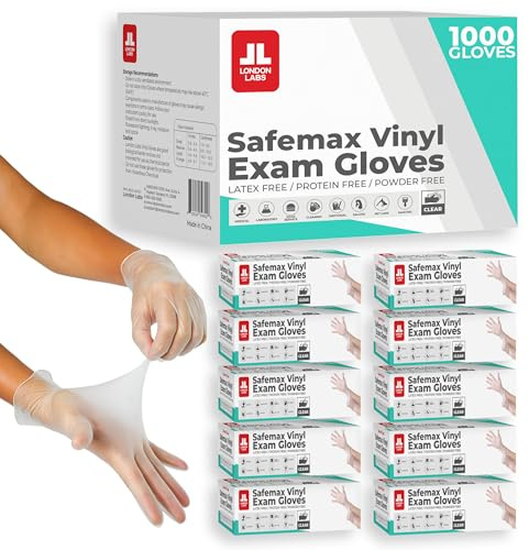 London Labs Medical Clear Vinyl Gloves, (Case of 1000) Powder Free & Latex Free, Disposable, Food Safe (X-Large)
