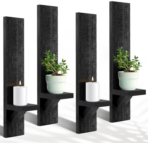 Potchen 4 Set Wooden Wall Candle Holder Sconces Mount Decorative Holders Decor Rustic Hanging Shelf Living Room Decoration for Farmhouse Bathroom Bedroom Vase Living Room(Black)