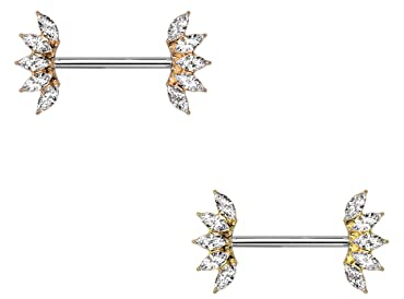 beyoutifulthings Brustwarzen-piercing Set Kristall-Fächer Zirkonia Clear Brust-piercing Nippel-piercing Chirurgenstahl Gold Roségold Stab 1,6/16mm
