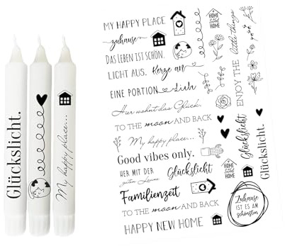 Kerzensticker HAPPY HOME DIN A4 – Kerzentattoos Wasserschiebefolie für Kerzen DIY – Kerzenfolie zum Verzieren von Stabkerzen & Keramik – Bastelset Geschenke Deko Kerzen Sticker