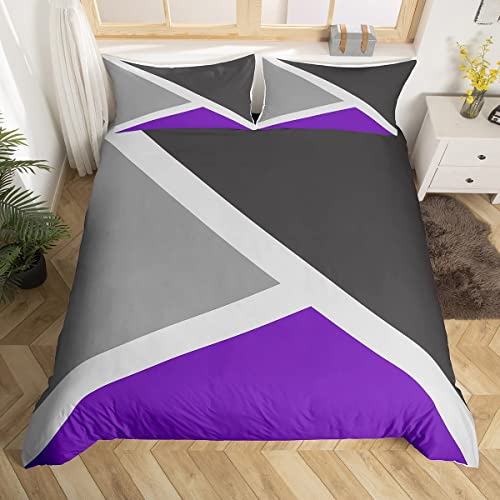 Lila und Grau Bettwäsche-Set für Mädchen Frauen Doppeltes Patchwork Geometrische Bettdecke Geometrie Dreieck Bettbezug Rustikal Hotel Tagesdecke Bezug Schlafzimmer Dekor Reißverschluss 2 Kissenbezüge