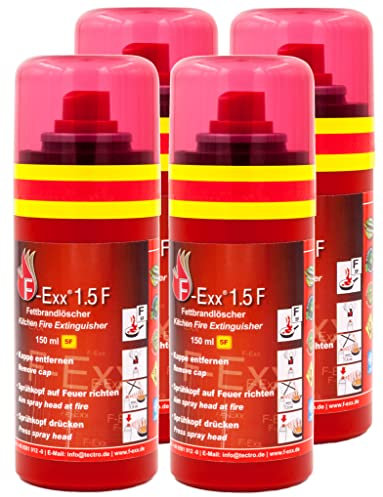 F-Exx® 1.5 F Kompakter Fettbrand-Feuerlöscher - 4er Pack Löschspray für Küche und Zuhause (Made in Germany)