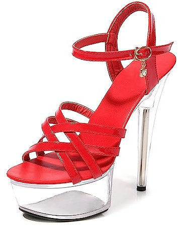 Sandales Talons Haut Aiguille Femme,Sandales Mariage Bride Cheville Escarpin Femmes Plateforme Epais Sexy Soirée,Rouge,42EU