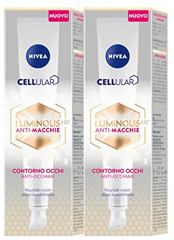 Nivea Cellular Luminous630 Anti-Flecken-Augencreme gegen Augenringe, Formel mit Koffein und Hyaluronsäure, belebende Wirkung, feuchtigkeitsspendend, für die Gesichtshaut, 2 Flaschen à 15 ml
