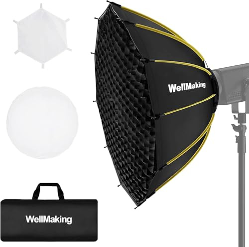 WELLMAKING 25.6inch/65cm Parabolic 16K Softbox Quick Set up and Folding, with Diffusers/Honeycomb Grid/Bag,Compatible with Bowens Mount Light for Portrait or Product Photography Studio Flash Monolight