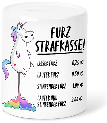 Furzkasse Spardose personalisiert als lustiges Geschenk aus Keramik | Personalisiert, Sparschwein aus Keramik, Einhorn Motiv, Furzstrafkasse, lustige Sparbüchse