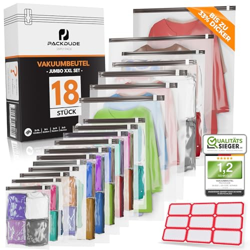 PACKDUDE Vakuumbeutel für Kleidung klein & groß I 18 STÜCK I 8x Vakuumbeutel für Staubsauger & 10x Vakuumbeutel zum Rollen (ohne Ventil) I Vacuum Bags for Clothing I Vakuumierbeutel Kleidung