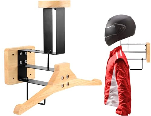 Motorcycle Helmet Holder with Wall Mount and Wood Hanger Hook - Display Rack for Helmets and Sport Equipment