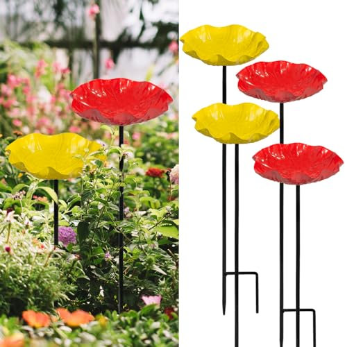 Xzunk Vogeltränke für den Außenbereich, Kolibri, Vogeltränke für draußen, kleine Vogeltränke mit Metallpfahl für Vogelliebhaber, Gartendekoration (rot und gelb), 4 Stück