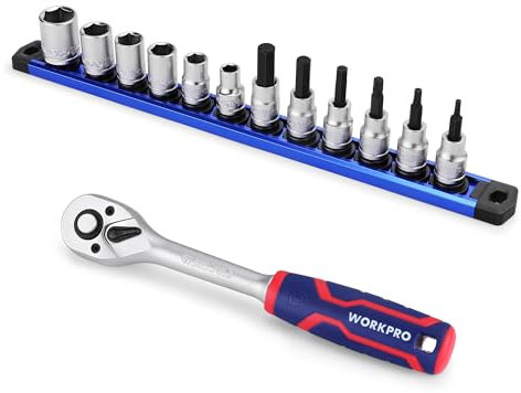 WORKPRO Set a Bussola e Cricchetto da 14 Pezzi, con Chiavi a Bussola Metriche ed Esagonali, con Organizer Magnetico e Cricchetto a Sgancio Rapido da 3/8 Pollici, per Riparazione Auto