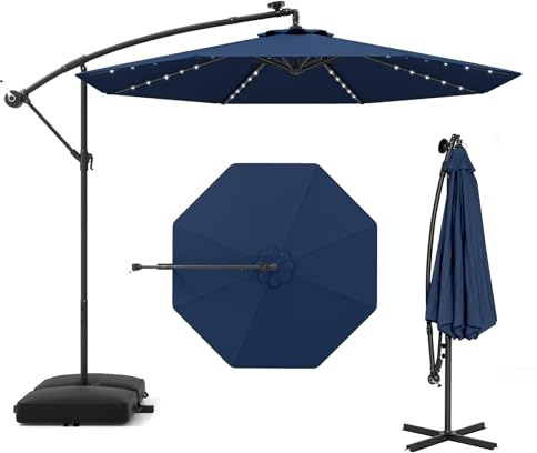 RELAX4LIFE Parasol Déporté 3x3M LED à Énergie Solaire, Parasol de Jardin Extérieur Inclinable avec Pied Incus, Imperméable à 8 Baleines, Protection UV pour Terrasse Patio Plage (Bleu foncé)