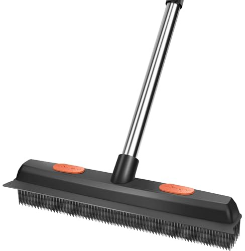 Pet Rubber Broom with 49inch Long Handle, Portable Detailing Lint Remover, Soft Push Broom for Fluff Carpet, Hardwood, Tile, Window (Black)