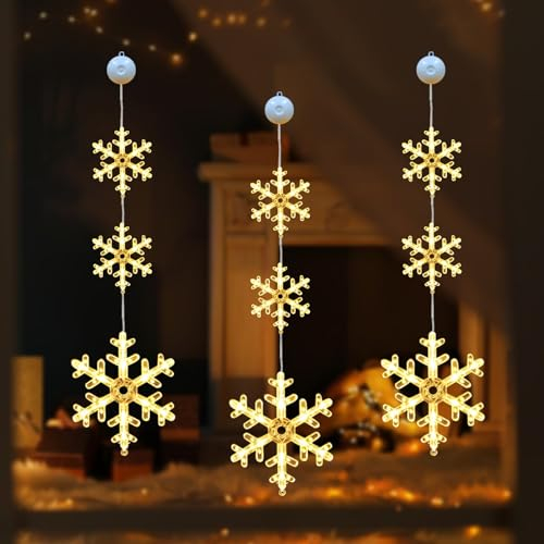 LED Weihnachtsdeko Fenster, 3 Stück LED Weihnachtsbeleuchtung Innen mit Timer, 4 Modi, Schneeflocke Fensterbeleuchtung Weihnachten mit Saugnäpfe, Lichtervorhang Innen für Weihnachten Party Deko