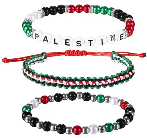 JewelryWe Palästina Armband Palästinensische Flagge Silikon Perlen Armbänder mit Buchstaben Palestine Verstellbar Palästina-Souvenir-Armband rot grün schwarz weiß