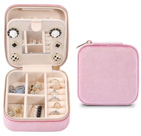 Dajasan Reise Schmuckkästchen, Klein Schmuckaufbewahrung, Schmuckschatulle, Samt Schmuck Organizer für Damen Mädchen, Schmuck Geschenk Box für Geburtstag, Weihnachten, Muttertag (Rosa)