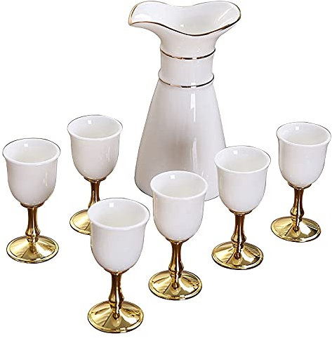 JMOZHCD Fashion Design Sake Set, Sake Pot Sake Cup Modern for Family Gathering, Sake Cup + Sake Pot + Gift Box Packaging (Gold)