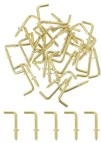QUARKZMAN 150 Stück L-Form Schraubhaken Hakenschrauben, 9×25mm L-Förmige Kleine Schraubhaken Haken zum Schrauben Rechtwinklige Haken aus Kohlenstoffstahl Hakennägel Haken, Gold