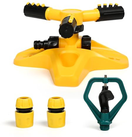 Garden Sprinkler, 360 Degree Automatic Rotating 3 Arms Lawn Sprinklers with 1/2 inch and 3/4 inch 2 in 1 Water Pipe Connector for Irrigation Sprayer System