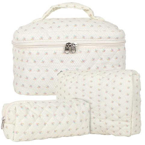 3pcs Reise Kosmetiktasche Set Damen, Baumwolle Kulturbeutel Set Gesteppte Kulturtasche Mit Blumenmuster, Make Up Bag Aesthetic Schminktasche Cosmetic Bag für Kinder