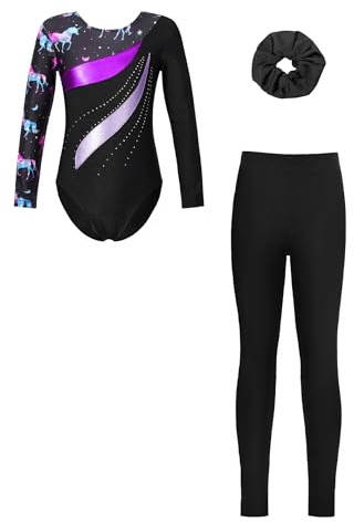 Fldy 3er Mädchen Turnanzug Langarm Mit Hose Lang Kinder Beduckte Gymnastik Body Leggings Und Haargummi Wettkampf Tanzkleidung Schwarz&Lila 134-140